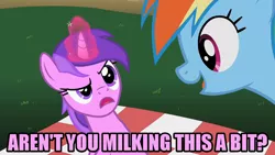 Size: 1280x720 | Tagged: safe, derpibooru import, edit, edited screencap, editor:jaredking203, screencap, amethyst star, rainbow dash, pegasus, pony, unicorn, the mysterious mare do well, caption, duo, female, image macro, magic, mare, meme, picnic blanket, telekinesis, text