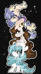 Size: 1280x2280 | Tagged: safe, artist:jxst-starly, derpibooru import, oc, oc:aurora lighthope, oc:krystal doodle, oc:melody blisswood, earth pony, pegasus, unicorn, abstract background, cheek fluff, cutie mark crusader ocs, earth pony oc, female, filly, filly oc's, horn, pegasus oc, redraw, stack, unicorn oc, wings