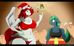 Size: 1280x800 | Tagged: suggestive, artist:gin-blade, derpibooru import, oc, oc:cori, oc:dee, unofficial characters only, alicorn, anthro, earth pony, alicorn oc, blushing, breasts, christmas, clothes, commission, crowd, digital art, female, hat, holiday, horn, looking at each other, male, mistletoe, present, santa hat, size difference, socks, sports bra, sports panties, tail, thigh highs, wings