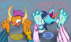 Size: 1760x1056 | Tagged: safe, artist:frist44, derpibooru import, gallus, princess ember, silverstream, smolder, anthro, begging, blushing, bondage, encasement, eyes closed, feet, fetish, foot fetish, laughing, one eye closed, open mouth, partial encasement, soles, tickle torture, tickling, tongue out