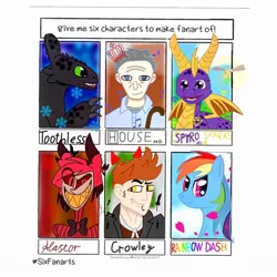 Size: 1080x1080 | Tagged: safe, artist:haruki_and_matthew, derpibooru import, rainbow dash, dragon, human, pegasus, pony, six fanarts, alastor, bust, cane, cloud, crossover, crowley, crown, female, good omens, gregory house, hazbin hotel, house m.d., how to train your dragon, jewelry, male, mare, open mouth, regalia, sharp teeth, smiling, spyro the dragon, teeth, toothless the dragon