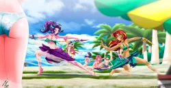 Size: 5911x3060 | Tagged: suggestive, alternate version, artist:mauroz, derpibooru import, pinkie pie, scootaloo, spike, starlight glimmer, sunset shimmer, sweetie belle, twilight sparkle, human, equestria girls, amputee, anime, barefoot, beach, bikini, breasts, butt, clothes, feet, fight, food, funny background event, horn wand, humanized, ice cream, multiple variants, nail polish, palm tree, polka dot swimsuit, prosthetic limb, prosthetics, summer, sweat, swimsuit, toenail polish, tree, watermelon