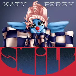 Size: 2000x2000 | Tagged: safe, artist:aldobronyjdc, derpibooru import, ponified, pegasus, pony, album cover, clothes, clown, clown nose, costume, female, katy perry, looking at you, ponified album cover, sad clown, sad pony, simple background, smiling, solo, text