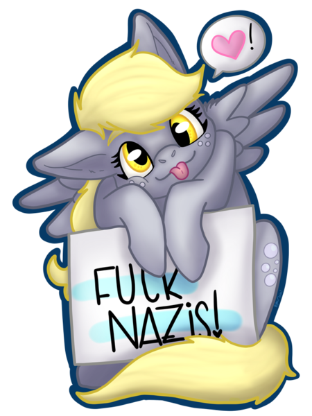 Size: 675x900 | Tagged: safe, artist:pretty-pretty-star, derpibooru import, derpy hooves, pegasus, pony, anti-nazism, cute, female, heart, mare, mouthpiece, politics, solo, tongue out, vulgar