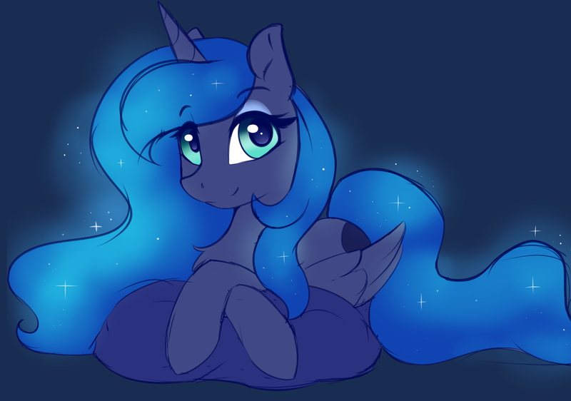 Size: 2997x2106 | Tagged: safe, artist:arjinmoon, derpibooru import, princess luna, alicorn, pony, blue background, chest fluff, crossed hooves, cute, female, high res, lunabetes, mare, pillow, prone, simple background, solo