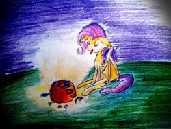 Size: 1280x960 | Tagged: safe, artist:kiwwsplash, derpibooru import, fluttershy, bat pony, pony, bat ponified, female, flutterbat, mare, nightmare night, outdoors, pumpkin bucket, race swap, sitting, solo, tongue out, traditional art