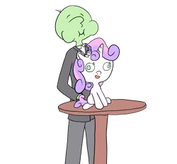 Size: 1000x928 | Tagged: safe, artist:happy harvey, derpibooru import, sweetie belle, oc, oc:anon, ponified, food pony, human, original species, pony, unicorn, bite mark, chewing, chewing ponies, drawn on phone, eating, female, filly, food, hard vore, humans eating ponies, marshmallow, simple background, sitting, standing, sweetie belle is a marshmallow too, table, transparent background, vore