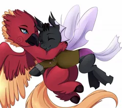 Size: 1280x1127 | Tagged: safe, artist:mlp-hugfactory, derpibooru import, oc, oc:arcus flamefeather, changeling, hippogriff, pony, commission, cute, hippogriff oc, hug, purple changeling, simple background, white background