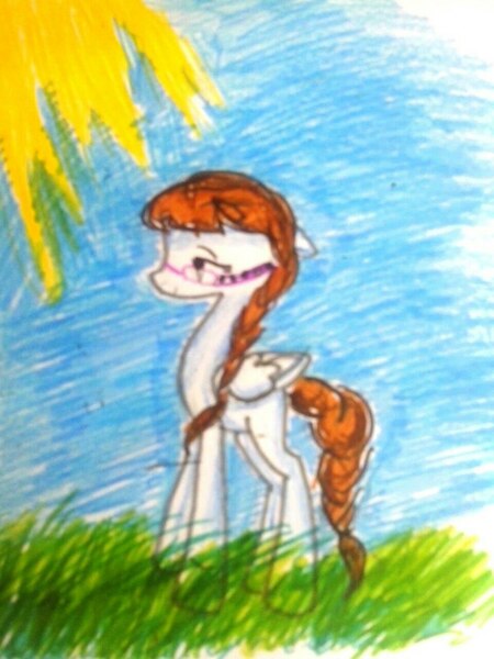 Size: 810x1080 | Tagged: artist:kiwwsplash, braid, derpibooru import, grass, oc, outdoors, pegasus, pegasus oc, safe, solo, sun, traditional art, unofficial characters only, wings
