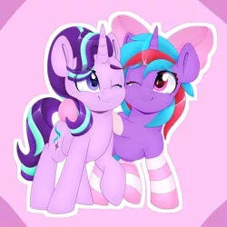 Size: 4000x4000 | Tagged: safe, artist:partylikeanartist, derpibooru import, starlight glimmer, oc, oc:cosmic spark, pony, unicorn, absurd resolution, bow, canon x oc, clothes, crying, cute, duo, eye clipping through hair, eyebrows, eyebrows visible through hair, glimmerbetes, hair bow, hoof around neck, hug, looking at each other, one eye closed, side by side, smiling, socks, striped socks, tears of joy, teary eyes, walking, wingding eyes, wink