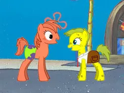 Size: 311x234 | Tagged: safe, artist:ladyroxanne7, derpibooru import, ponified, pony, sponge pony, pony creator, clothes, crossover, image, jpeg, krusty krab, patrick star, spongebob squarepants, spongebob squarepants (character), star pony, swimsuit