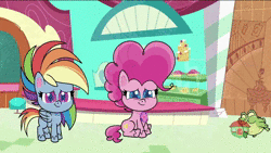 Size: 1920x1080 | Tagged: safe, derpibooru import, edit, edited screencap, screencap, gummy, pinkie pie, rainbow dash, alligator, earth pony, pegasus, pony, my little pony: pony life, the trail less trotten, spoiler:pony life s01e07, animated, cake, female, food, implied vomit, jojo's bizarre adventure, mare, pie, roundabout, sitting, sound, surprised, to be continued, to be continued (meme), webm