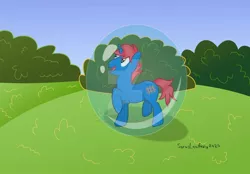 Size: 1024x714 | Tagged: safe, artist:sorasleafeon, derpibooru import, oc, oc:train track, unofficial characters only, unicorn, blue sky, bubble, bush, deviantart watermark, happy, horn, looking up, male, obtrusive watermark, open mouth, original character do not steal, smiling, solo, unicorn oc, vector, watermark