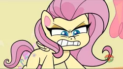 Size: 1280x720 | Tagged: safe, derpibooru import, screencap, fluttershy, pegasus, pony, death of a sales-pony, my little pony: pony life, spoiler:pony life s01e07, angry, calarts, female, giant pegasus, giant pony, giantess, giantshy, macro, teeth, treehouse logo