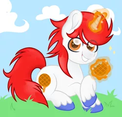 Size: 700x671 | Tagged: safe, artist:ninnydraws, derpibooru import, oc, oc:stroopwafeltje, unicorn, cloud, convention:ponyconholland, cute, delicious, food, grass, hoof fluff, laying on stomach, magic, ponyconholland, sky, smiling, stroopwafel, unshorn fetlocks, waffle, white coat