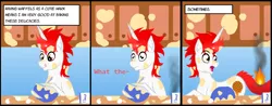 Size: 2405x944 | Tagged: safe, artist:mesuyoru, derpibooru import, oc, oc:stroopwafeltje, pony, unicorn, baking, catching fire, comic, comic strip, cooking, dough, eggshell, fire, flour, kitchen, netherlands, pointy ponies, ponyconholland, red hair, white coat