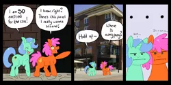 Size: 1200x600 | Tagged: safe, artist:vederlicht, derpibooru import, pony, blue hair, comic, comic strip, con, convention, convention:ponyconholland, female, fullbody, funny, happy, male, orange coat, picture frame, pink hair, poker face, ponycon holland, ponyconholland, raised hoof, random pony