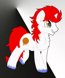 Size: 564x677 | Tagged: safe, artist:sorajona, derpibooru import, oc, oc:stroop, oc:stroopwafeltje, pony, unicorn, cheek fluff, chest fluff, convention, convention:ponyconholland, cutie mark, hair, male, netherlands, ponyconholland, red hair, smiling, solo, stallion, tail, unshorn fetlocks