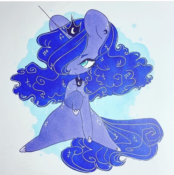 Size: 720x724 | Tagged: alicorn, artist:dollbunnie, covered eye, crown, derpibooru import, ear piercing, earring, fanart, hair over one eye, instagram, jewelry, markers, piercing, princess luna, regalia, safe, solo, traditional art