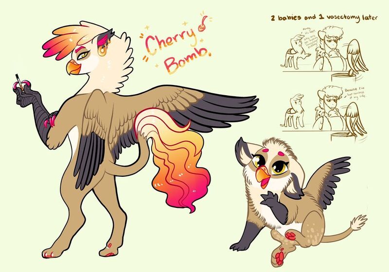 Size: 1024x717 | Tagged: safe, artist:loryska, derpibooru import, dumbbell, gilda, oc, oc:cherry bomb, gryphon, hippogriff, hybrid, chickub, interspecies offspring, offspring, parent:dumbbell, parent:gilda, parents:gildabell, two toned wings, wings