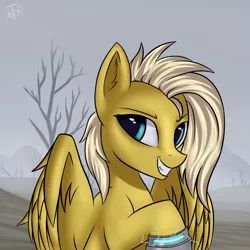Size: 3000x3000 | Tagged: safe, artist:xanter, derpibooru import, oc, oc:psychoshy, unofficial characters only, pegasus, pony, fallout equestria, fallout equestria: project horizons, fanfic, bust, dead tree, ear fluff, eye reflection, fanfic art, female, high res, mare, portrait, power hoof, raised hoof, reflection, smiling, solo, spread wings, tree, wings