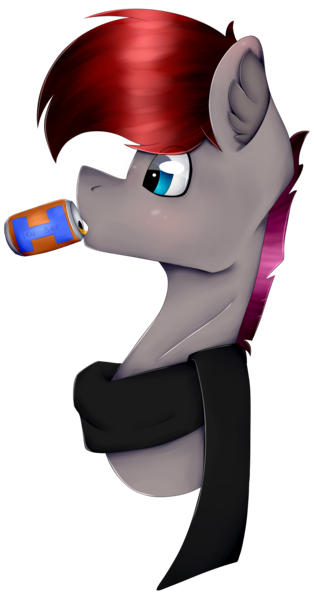 Size: 1356x2588 | Tagged: safe, derpibooru import, oc, oc:steelrhythm, pony, background, blushing, bust, can, clothes, colored, drink, drinking, eye shimmer, eye shine, flat colors, highlight, highlights, irn bru, photo, portrait, scarf, shading, short hair, simple background, sipping, solo, transparent background