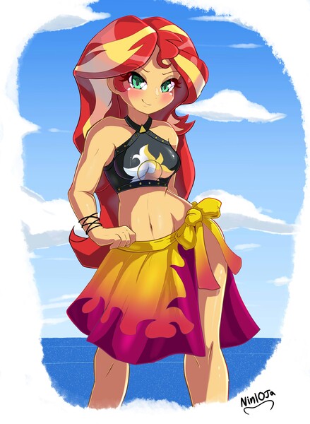 Size: 2543x3474 | Tagged: safe, artist:nin10ja, derpibooru import, sunset shimmer, equestria girls, blushing, clothes, female, looking at you, sarong, smiling, solo, swimsuit