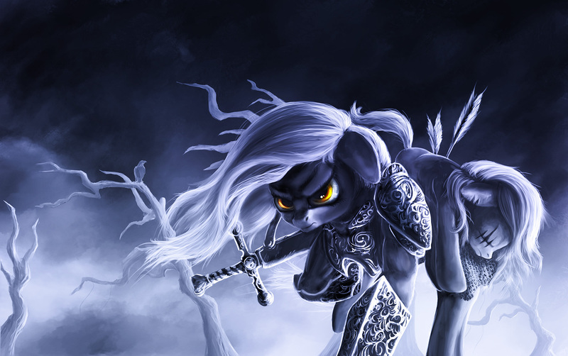 Size: 1920x1205 | Tagged: grimdark, artist:stdeadra, derpibooru import, oc, earth pony, pony, armor, arrow, eye, female, hair, running, sister, sword, tree, weapon