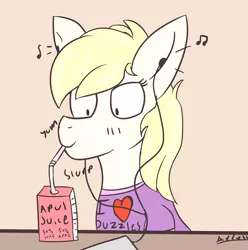 Size: 1984x1999 | Tagged: artist:arrell, clothes, colored sketch, derpibooru import, drinking, earbuds, female, juice, juice box, music notes, nazi, oc, oc:aryanne, safe, shirt, sketch, solo, straw in mouth, t-shirt, unofficial characters only