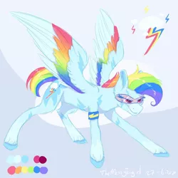 Size: 1280x1280 | Tagged: safe, artist:themessyfangirl, derpibooru import, rainbow dash, pegasus, pony, coat markings, colored wings, female, glasses, hooves, mare, multicolored wings, rainbow wings, simple background, smiling, smirk, spread wings, wings