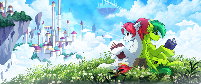 Size: 2400x1000 | Tagged: safe, artist:redchetgreen, derpibooru import, oc, oc:evergreen feathersong, oc:miss final verse, unofficial characters only, pegasus, pony, unicorn, bag, book, city, cliff, cloud, duo, floating island, scenery, sitting, sky