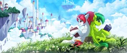 Size: 2400x1000 | Tagged: safe, artist:redchetgreen, derpibooru import, oc, oc:evergreen feathersong, oc:miss final verse, unofficial characters only, pegasus, pony, unicorn, bag, book, city, cliff, cloud, duo, floating island, scenery, sitting, sky