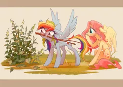 Size: 4093x2894 | Tagged: safe, artist:shore2020, derpibooru import, fluttershy, rainbow dash, pegasus, pony, chest fluff, duo, female, floppy ears, looking at something, mare, mouth hold, nettle, outdoors, plant, sitting, spread wings, standing, stick, stinging nettle, twig, wings, worried