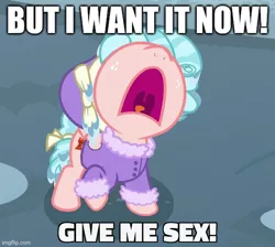 Size: 600x537 | Tagged: brat, caption, cozy glow, derpibooru import, image macro, implied foalcon, implied sex, suggestive, tantrum, text