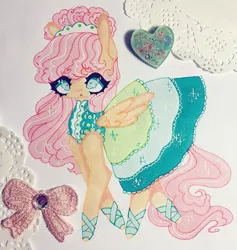 Size: 711x750 | Tagged: artist:dollbunnie, clothes, derpibooru import, different hairstyle, dress, fanart, fluttershy, green isn't your color, instagram, marker drawing, pegasus, safe, shoes, traditional art