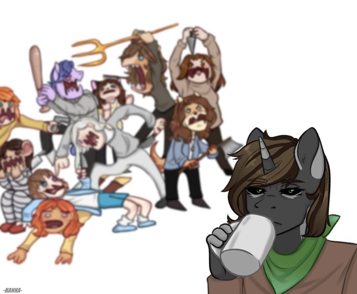 Size: 1080x890 | Tagged: safe, alternate version, artist:loni_ee_, derpibooru import, oc, unofficial characters only, anthro, human, unicorn, baseball bat, clothes, cup, fight, furry, furry oc, horn, knife, mug, neckerchief, open mouth, pitchfork, simple background, unicorn oc, white background