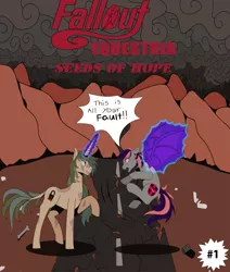 Size: 2200x2592 | Tagged: safe, derpibooru import, oc, oc:galaxy rose, oc:scorcher, bat pony, ghoul, pegasus, pony, undead, unicorn, fallout equestria, fanfic, angry, badlands, canterlot ghoul, cloud cover, comic, cover art, fallout, fallout equestria seeds of hope, fan comic, female, issue 1, magic, male, mare, my little pony, nuclear, post-apocalyptic, radlands, seeds of hope, small, smol, stallion, telekinesis