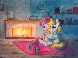 Size: 5712x4260 | Tagged: safe, artist:lightisanasshole, derpibooru import, pinkie pie, oc, oc:cloud cuddler, earth pony, pegasus, pony, book, bookshelf, carpet, cuddling, cup, dark, duo, duo female, female, fire, fireplace, flower, glasses, looking at each other, one eye closed, pegasus oc, photos, shipping, shipping fuel, sitting, snow globe, wings, wink