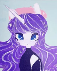 Size: 720x902 | Tagged: safe, artist:dollbunnie, derpibooru import, rarity, unicorn, sweet and elite, acrylic painting, becoming popular, beret, clothes, different hairstyle, fanart, hat, instagram, solo, sweater, traditional art