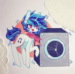 Size: 720x718 | Tagged: safe, artist:dollbunnie, derpibooru import, vinyl scratch, unicorn, bass cannon, clothes, eyebrows, instagram, scarf, solo