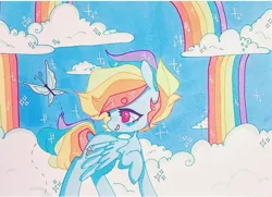 Size: 720x522 | Tagged: artist:dollbunnie, butterfly, cloud, cloudsdale, derpibooru import, eyebrows, instagram, marker drawing, pegasus, rainbow dash, rainbows, safe, short hair, sparkles, traditional art, wings