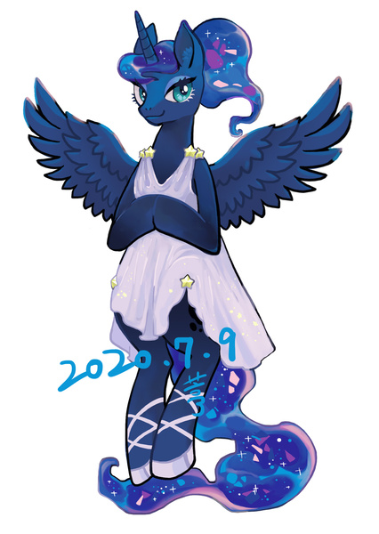 Size: 1477x2079 | Tagged: safe, artist:tingyo, derpibooru import, princess luna, alicorn, pony, alternate hairstyle, bipedal, clothes, cute, dress, female, hooves together, lunabetes, mare, pixiv, ponytail, simple background, solo, spread wings, white background, wings