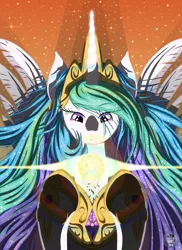 Size: 4000x5500 | Tagged: safe, artist:template93, derpibooru import, princess celestia, alicorn, pony, absurd resolution, clothes, crown, gem, glowing horn, horn, jewelry, lens flare, magic, regalia, shoes, space, sparkles, stars, sun, wavy mane