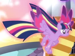 Size: 724x544 | Tagged: alicorn, cropped, derpibooru import, flying, galloping, magic, rainbow power, rainbow power-ified, safe, screencap, smiling, solo, twilight's kingdom, twilight sparkle, twilight sparkle (alicorn)