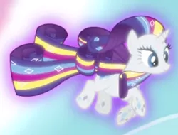 Size: 425x323 | Tagged: cropped, derpibooru import, flying, glow, rainbow power, rainbow power-ified, rarity, safe, screencap, smiling, solo, twilight's kingdom