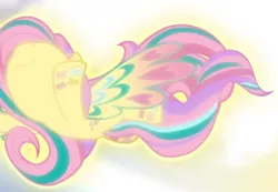 Size: 720x497 | Tagged: cropped, derpibooru import, fluttershy, flying, glow, nose in the air, rainbow power, rainbow power-ified, safe, screencap, smiling, solo, spread wings, twilight's kingdom, wings