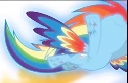 Size: 659x430 | Tagged: cropped, derpibooru import, flying, glow, nose in the air, rainbow dash, rainbow power, rainbow power-ified, safe, screencap, smiling, solo, spread wings, twilight's kingdom, wings