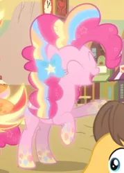 Size: 528x737 | Tagged: cropped, cute, derpibooru import, diapinkes, eyes closed, glow, open mouth, pinkie pie, rainbow power, rainbow power-ified, rearing, safe, screencap, smiling, solo, twilight's kingdom