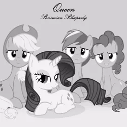 Size: 2000x2000 | Tagged: safe, artist:grapefruitface1, artist:slb94, derpibooru import, applejack, pinkie pie, rainbow dash, rarity, pony, gradient background, grayscale, looking at you, lying down, monochrome, ponified single cover, queen (band), single cover, sitting