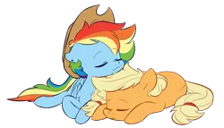 Size: 4393x2520 | Tagged: safe, artist:chub-wub, derpibooru import, applejack, rainbow dash, earth pony, pegasus, pony, accessory theft, appledash, applejack's hat, cowboy hat, ear piercing, earring, eyes closed, female, hat, jewelry, lesbian, mare, piercing, shipping, simple background, sleeping, transparent background